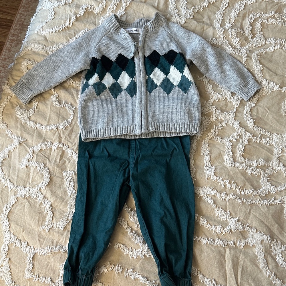 Nine West Gray Argyle Zip Cardigan and Pant set Boys size 18mo NWOT